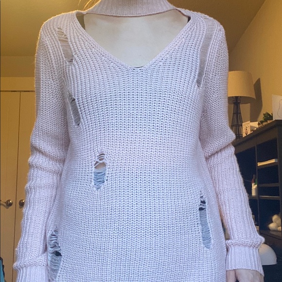 Light Pink Distressed V-Neck Sweater - Picture 4 of 4